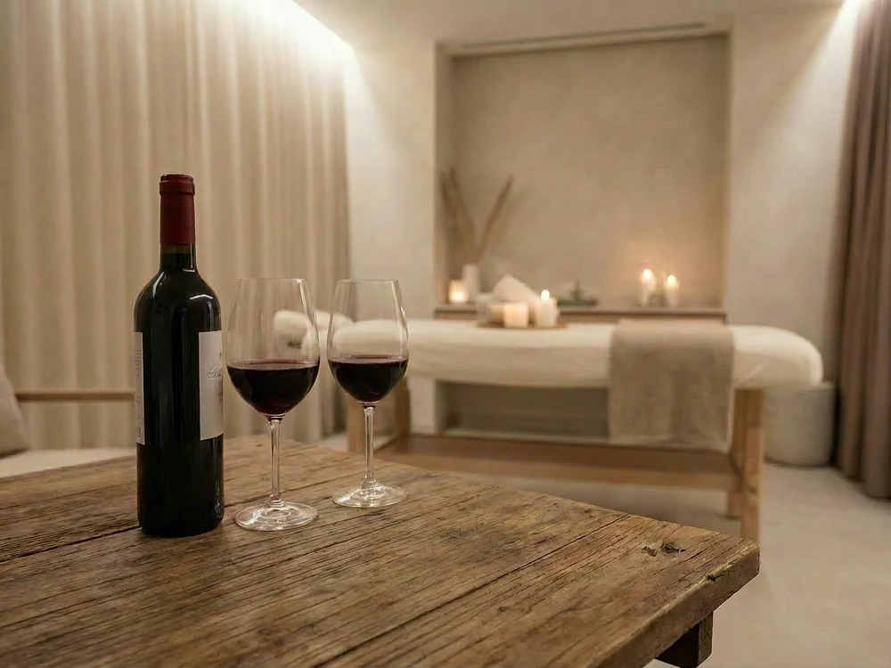 Copa de vino tinto junto a la camilla de masaje, ambiente de la experiencia Relax & Wine