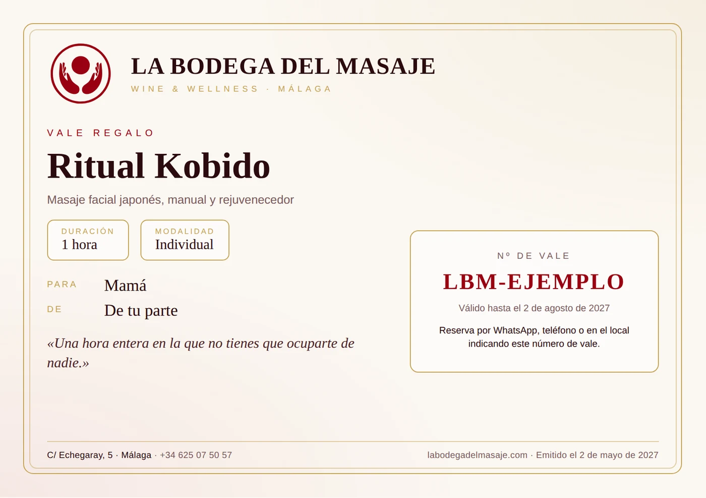 Ejemplo de vale regalo del Día de la Madre de La Bodega del Masaje para el Ritual Kobido