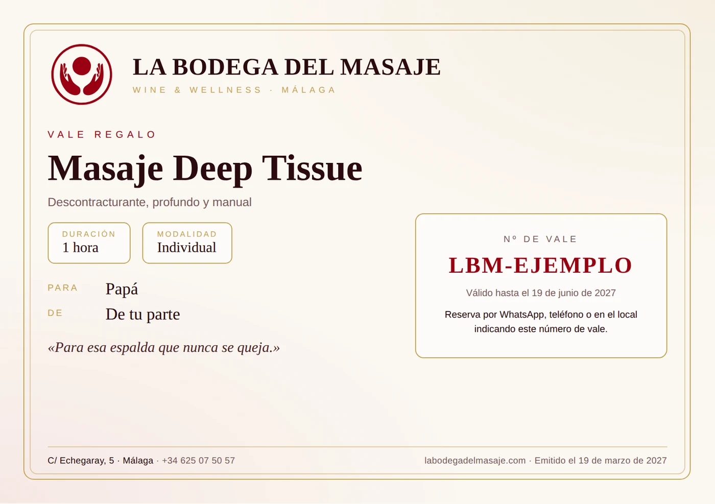 Ejemplo de vale regalo del Día del Padre de La Bodega del Masaje para un masaje Deep Tissue