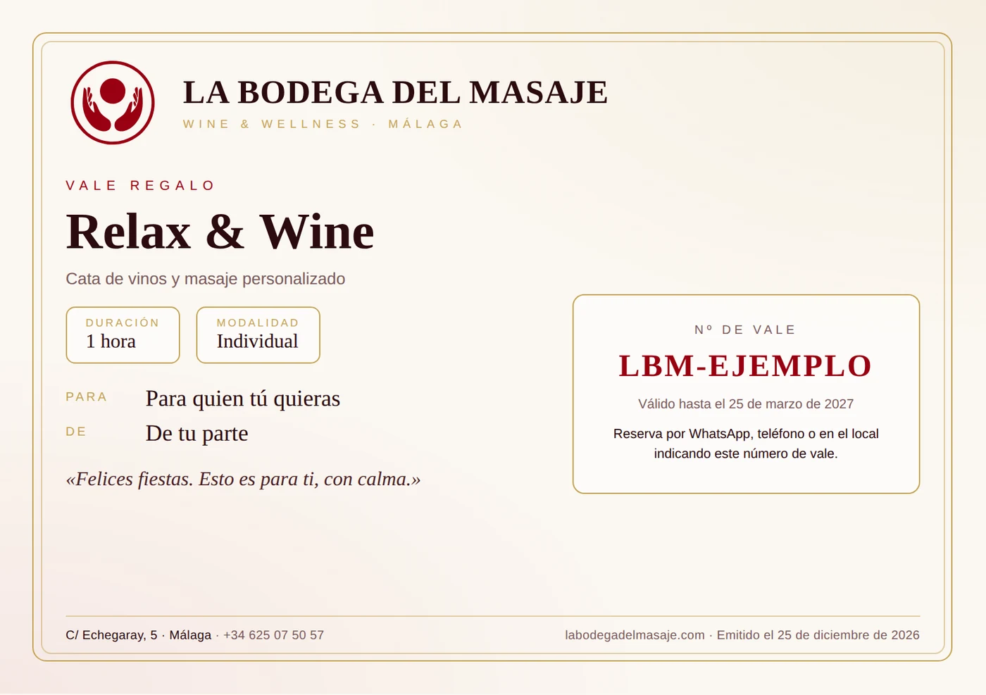 Ejemplo de vale regalo de Navidad de La Bodega del Masaje para la experiencia Relax & Wine