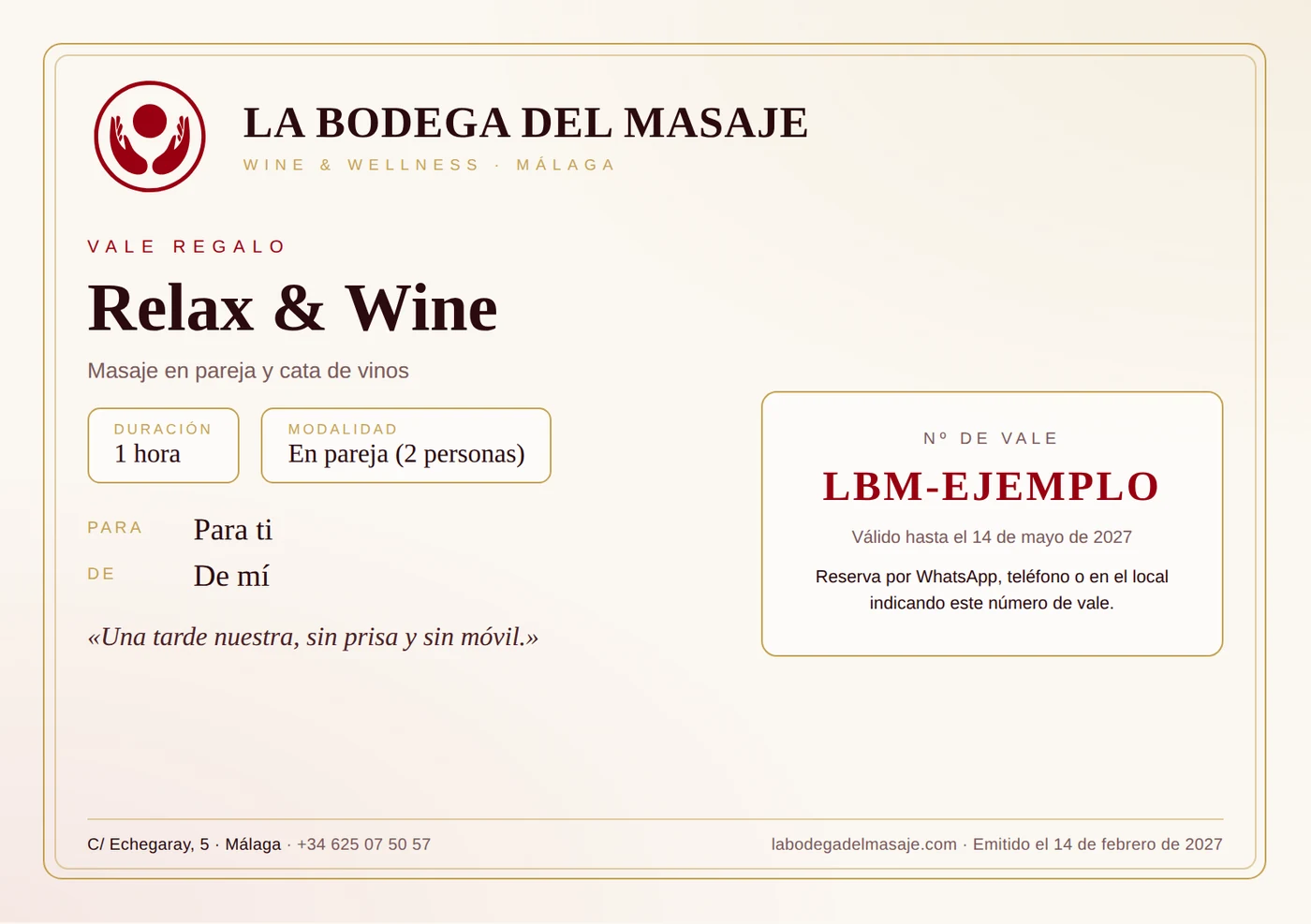 Ejemplo de vale regalo de San Valentín de La Bodega del Masaje para la experiencia Relax & Wine en pareja